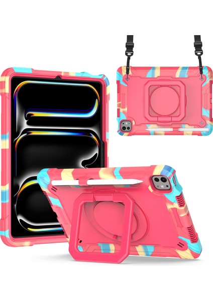 iPad Pro 11 (2024) Döner Destek Standı Pc+Silikon Tablet Kılıfı ve Omuz Askısı (Yurt Dışından)