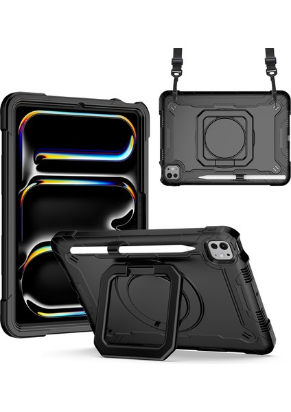 iPad Pro 11 (2024) Döner Destek Standı Pc+Silikon Tablet Kılıfı ve Omuz Askısı (Yurt Dışından)
