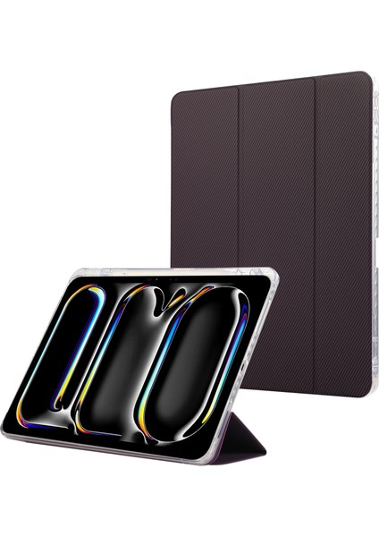 iPad Pro 11 (2024) Karbon Fiber Dokulu Üç Katlı Stand Deri Akıllı Tablet Kapağı (Yurt Dışından)
