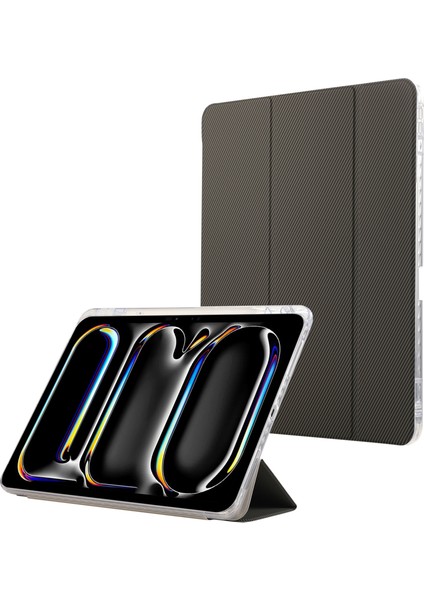 iPad Pro 11 (2024) Karbon Fiber Dokulu Üç Katlı Stand Deri Akıllı Tablet Kapağı (Yurt Dışından)