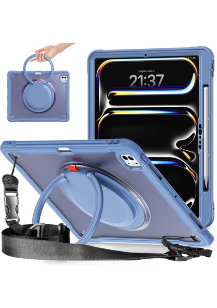iPad Pro 13 (2024) Döner Destek Standı Pc+Tpu+Silikon Kapak ve Omuz Askısı (Yurt Dışından)