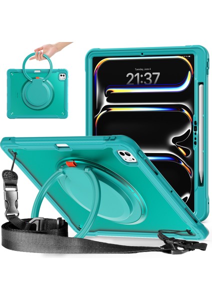 iPad Pro 13 (2024) Döner Destek Standı Pc+Tpu+Silikon Kapak ve Omuz Askısı (Yurt Dışından)