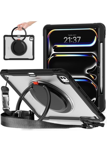iPad Pro 13 (2024) Döner Destek Standı Pc+Tpu+Silikon Kapak ve Omuz Askısı (Yurt Dışından)