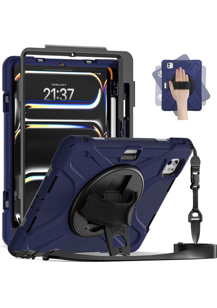 iPad Pro 11 (2024) Pc+Silikon Kickstand Tablet Kılıfı, El Kayışı ve Omuz Askısı (Yurt Dışından)