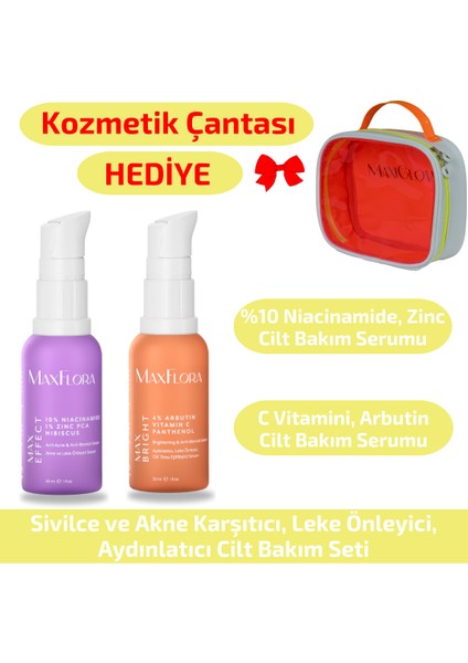 Akne ve Leke Karşıtı Cilt Bakım Seti, Niacinamide Arbutin Serum, Makyaj Çantası Hediyeli