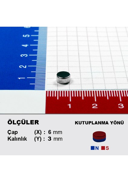 Neodyum Mıknatıs D6X3 Çap:6mm Kalınlık:3mm Çok Güçlü Mıknatıs [20 Adet]