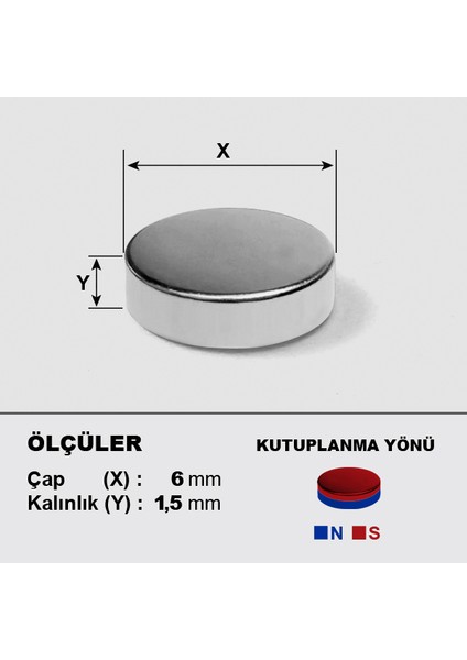 Neodyum Mıknatıs D6 x 1,5 Çap:6mm Kalınlık:1,5mm Çok Güçlü Mıknatıs [50 Adet]