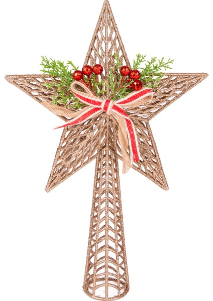 Yılbaşı Süsü Çam Ağacı Tepe Süsü Yılbaşı Dekorlu Şampanya 25X37 Cm.