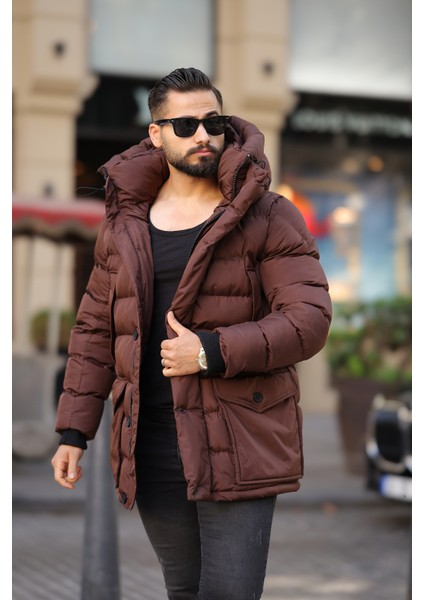 Erkek Kapşonlu Torba Cepli Kışlık Uzun Mont