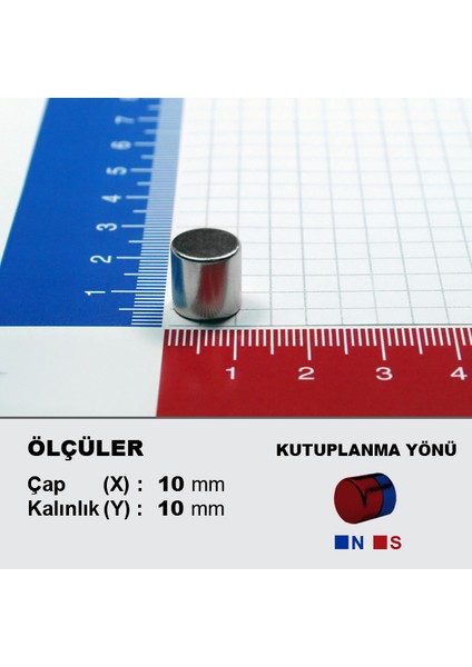 Neodyum Mıknatıs D10X10 ÇAP:10MM KALINLIK:10MM Çok Güçlü Mıknatıs [5 Adet]