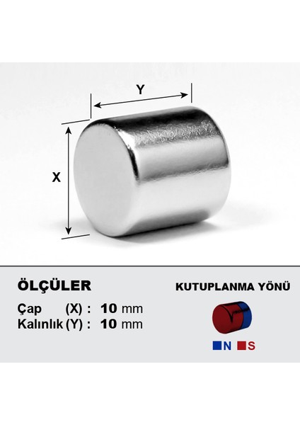 Neodyum Mıknatıs D10X10 ÇAP:10MM KALINLIK:10MM Çok Güçlü Mıknatıs [5 Adet]