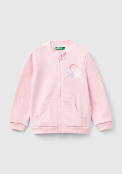 Benetton Kız Çocuk Açık Pembe Önü Logo Baskılı Normal Kesim Fermuarlı Cepli Sweatshirt