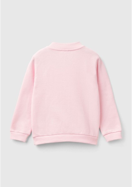 Benetton Kız Çocuk Açık Pembe Önü Logo Baskılı Normal Kesim Fermuarlı Cepli Sweatshirt fiyatları