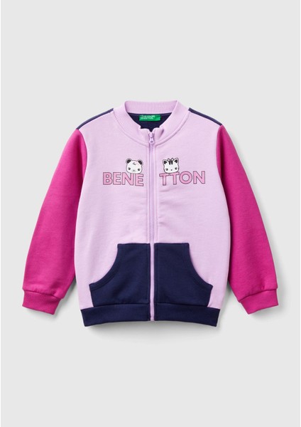 Benetton Kız Çocukmix Önü Logo Baskılı Normal Kesim Fermuarlı Cepli Sweatshirt