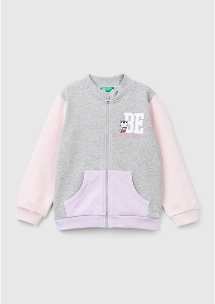 Benetton Kız Çocukmix Önü Logo Baskılı Normal Kesim Fermuarlı Cepli Sweatshirt