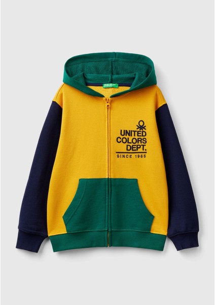 Benetton Erkek Çocuk Sarı Mix Önü Logo Işlemeli Fermuarlı ve Kapüşonlu Sweatshirt