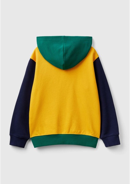 Benetton Erkek Çocuk Sarı Mix Önü Logo Işlemeli Fermuarlı ve Kapüşonlu Sweatshirt