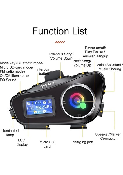 Q58-Max Radyolu 2 Kişi Bağlantılı Bluetooth Kask Kulaklık Ekranlı Fenerli Müzik Ve Telsiz Intercom