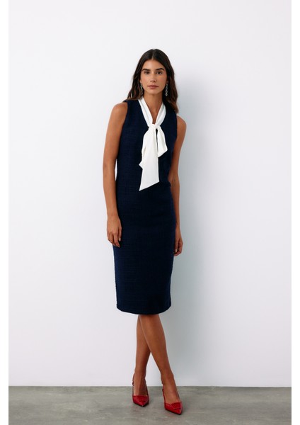 Fularlı Kolsuz Tüvit Elbise - Lacivert fiyatları