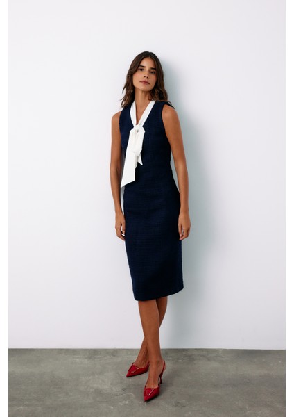 Fularlı Kolsuz Tüvit Elbise - Lacivert modelleri