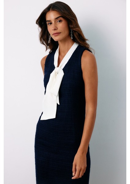 Fularlı Kolsuz Tüvit Elbise - Lacivert indirimleri