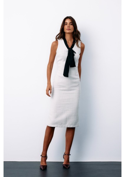 Fularlı Kolsuz Tüvit Elbise - Taş modelleri