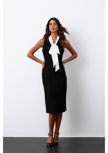 Fularlı Kolsuz Tüvit Elbise - Siyah