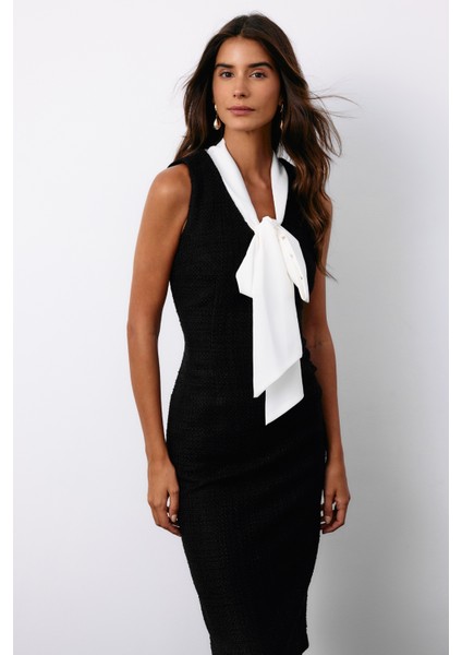 Fularlı Kolsuz Tüvit Elbise - Siyah indirimleri