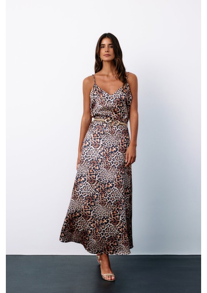 Leopar Desenli Saten Etek - Kahve fiyatları