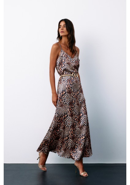 Leopar Desenli Saten Etek - Kahve modelleri