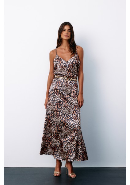 Leopar Desenli Saten Etek - Kahve indirimleri