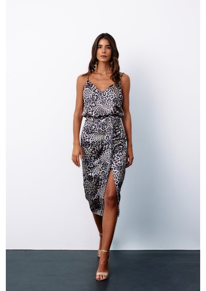 Leopar Desenli Saten Etek - Gri
