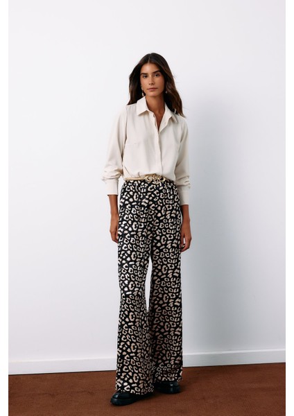 Yüksek Bel Leopar Pantolon - Siyah