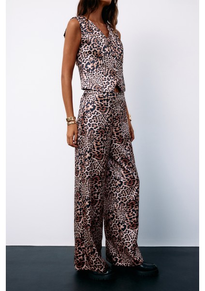 Leopar Desenli Saten Pantolon - Vizon fırsatları