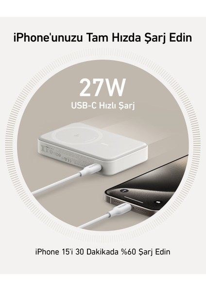 MagGo Powerbank (10.000 mAh) - Qi2 Sertifikalı - 15W Ultra Hızlı - Beyaz (Anker Türkiye Garantili) fırsatları