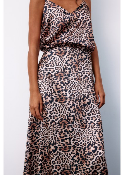 Leopar Desenli Saten Etek - Vizon