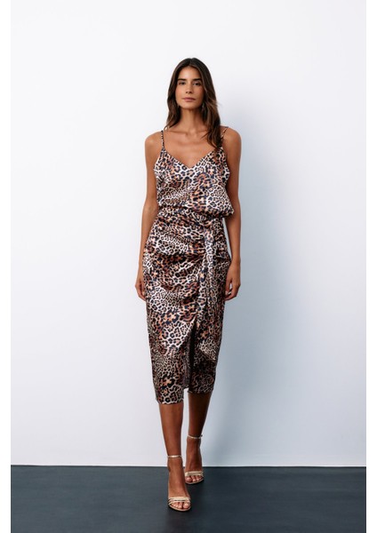 Leopar Desenli Saten Etek - Kahve
