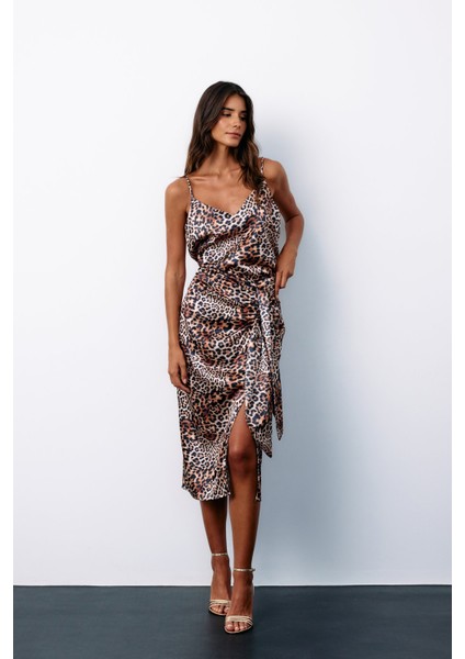 Leopar Desenli Saten Etek - Kahve