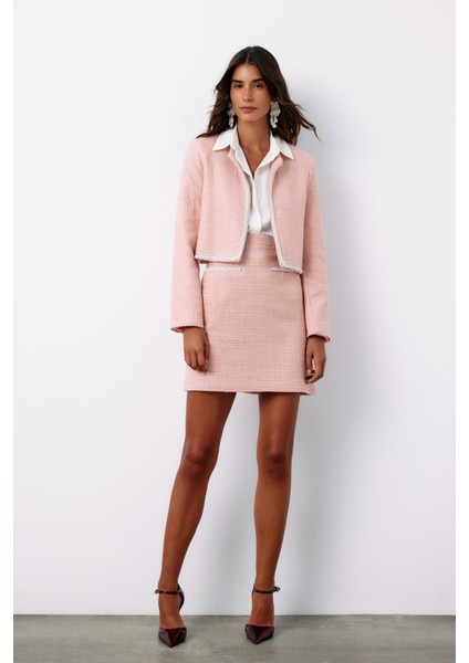 Aksesuar Detaylı Tüvit Etek - Pudra