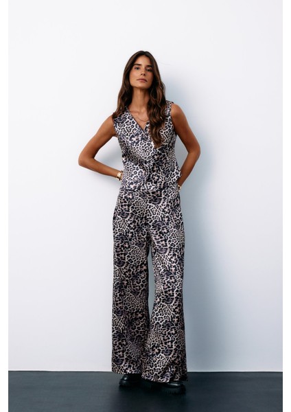 Leopar Desenli Saten Pantolon - Gri