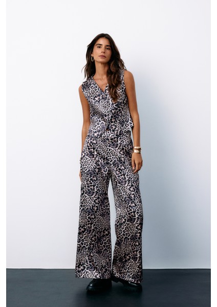 Leopar Desenli Saten Pantolon - Gri modelleri