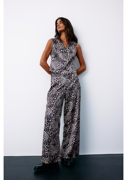 Leopar Desenli Saten Pantolon - Gri fırsatları