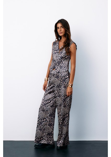 Leopar Desenli Saten Pantolon - Gri indirimleri