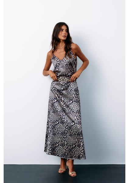 Leopar Desenli Saten Etek - Gri