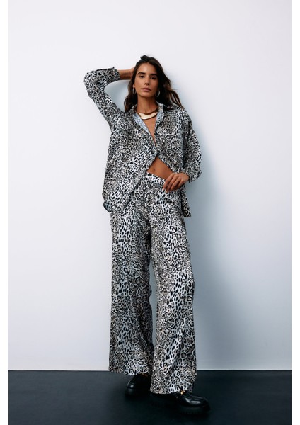 Yüksek Bel Saten Leopar Pantolon - Ekru