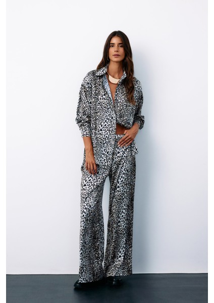 Yüksek Bel Saten Leopar Pantolon - Ekru