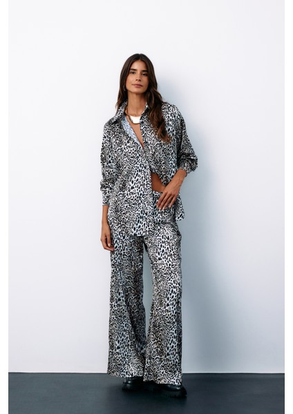 Yüksek Bel Saten Leopar Pantolon - Ekru