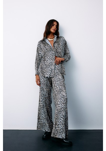 Yüksek Bel Saten Leopar Pantolon - Ekru