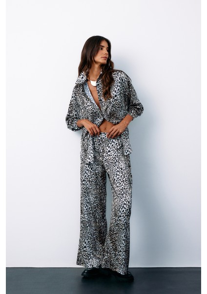 Yüksek Bel Saten Leopar Pantolon - Ekru