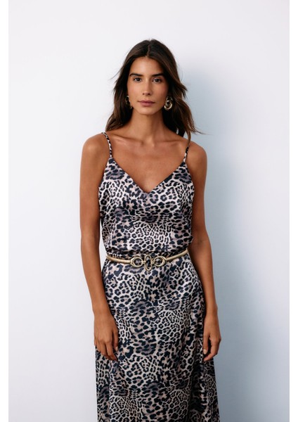 Askılı Leopar Desenli Saten Bluz - Gri